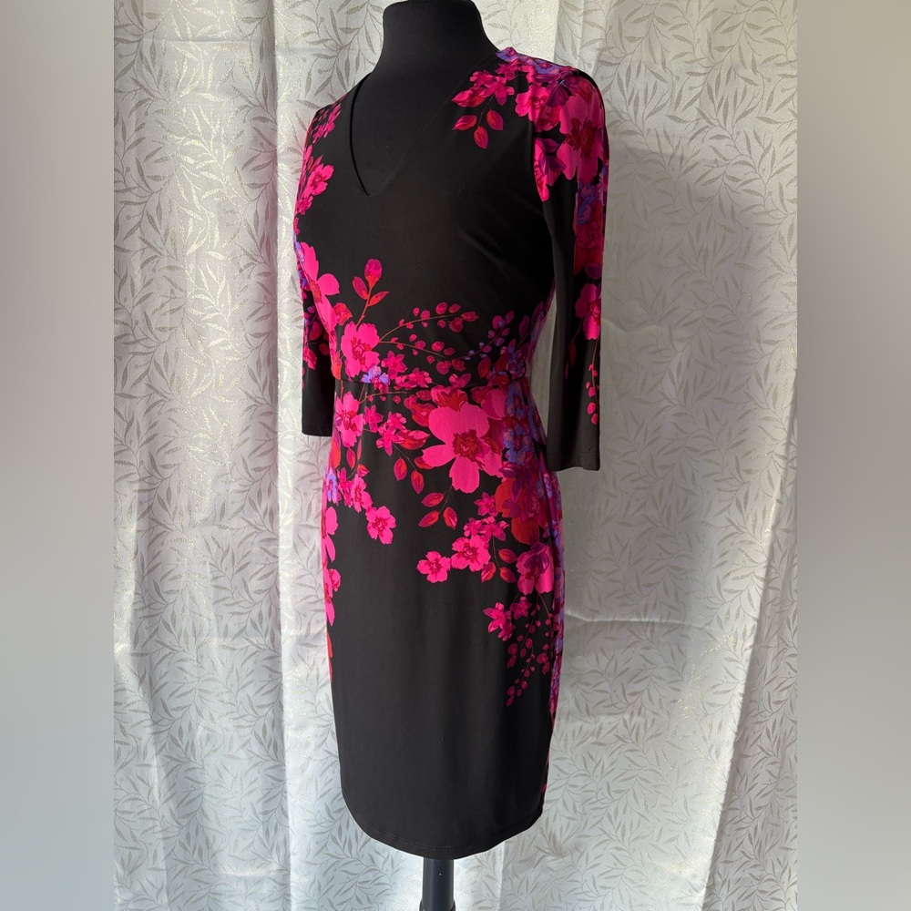 London Times Black Sheath Dress with Hot Pink Floral Print